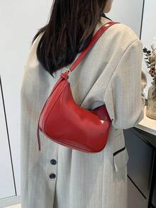 Túi xách nữ mới, Túi lưỡi liềm cổ điển tối giản, Khóa kéo mở, Bề mặt mềm màu trơn, Túi đeo vai dung tích nhỏ. Thích hợp cho cuộc sống hàng ngày, đi làm, đi học, túi đeo nách - Đỏ - Xem 5