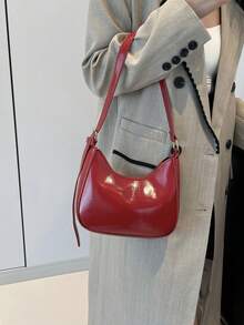 Túi xách nữ mới, Túi lưỡi liềm cổ điển tối giản, Khóa kéo mở, Bề mặt mềm màu trơn, Túi đeo vai dung tích nhỏ. Thích hợp cho cuộc sống hàng ngày, đi làm, đi học, túi đeo nách - Đỏ - Xem 3