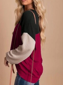 Long Sleeve Shirts For Women Cute Color Block Tops Casual Waffle Knit Shirt - màu đen - Xem 2