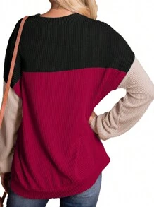 Long Sleeve Shirts For Women Cute Color Block Tops Casual Waffle Knit Shirt - màu đen - Xem 3