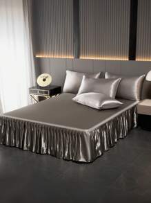 1件缎面床裙，纯色透气床裙，奢华柔软丝绸床裙，带荷叶边下摆（不含枕套），包边防尘裙摆，适用于单人床、双人床、大号床、特大号床，可机洗 - 灰色 - 查看 8