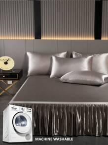 1件缎面床裙，纯色透气床裙，奢华柔软丝绸床裙，带荷叶边下摆（不含枕套），包边防尘裙摆，适用于单人床、双人床、大号床、特大号床，可机洗 - 灰色 - 查看 6