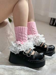 1 双女士秋冬保暖腿套，带粗针织、花卉蕾丝和蝴蝶结细节 - 粉色 - 查看 3