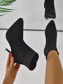 女式法式针织短靴，新款时尚弹力袜靴，高跟女式短靴 - 黑色 - 查看 1
