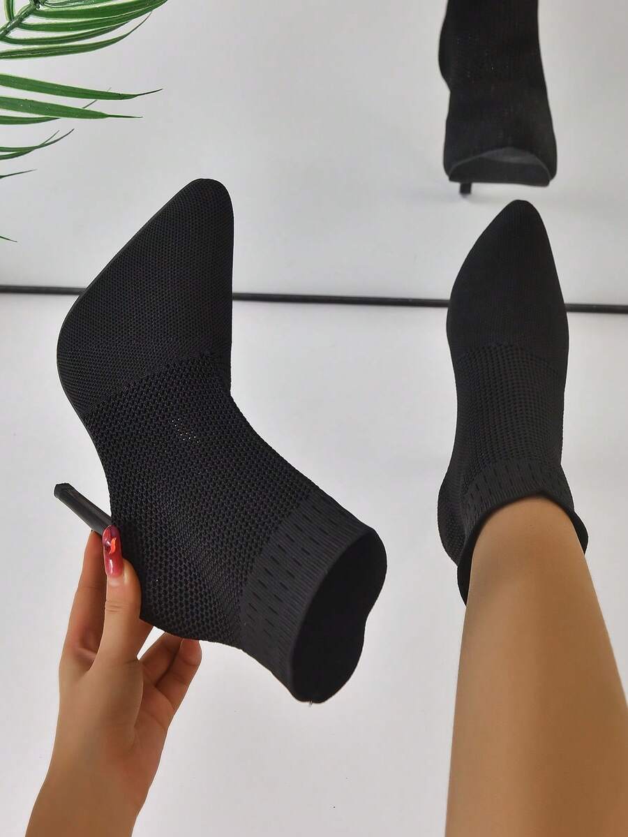 女式法式针织短靴，新款时尚弹力袜靴，高跟女式短靴 - 黑色 - 查看 1