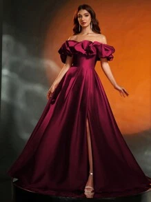 Anymoon 女士正式晚礼服，胸部饰有褶皱细节，高开衩裙摆，适合正式场合、派对、婚礼宾客等，春季优雅礼服。 - 酒紅色 - 查看 4