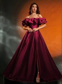 Anymoon 女士正式晚礼服，胸部饰有褶皱细节，高开衩裙摆，适合正式场合、派对、婚礼宾客等，春季优雅礼服。 - 酒紅色 - 查看 6