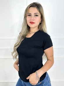 Blusa Feminina Gola Redonda manga curta Básica - Preto - Visão 3