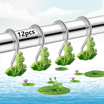 12个装青蛙树脂装饰浴帘挂钩环，重型不锈钢金属浴帘挂钩，多功能，适用于卧室、浴室、客厅窗帘配件
