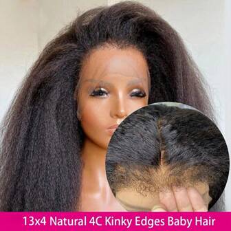 4C Kinky Edges Wig Yaki Straight 13X4 Lace Front Wig With Realistic Hairline Human Hair Wig For Women Virgin Hair Kinky Straight Natural 4C Edges Glueless Transparent Lace Frontal Wigs 180% Density ﻿