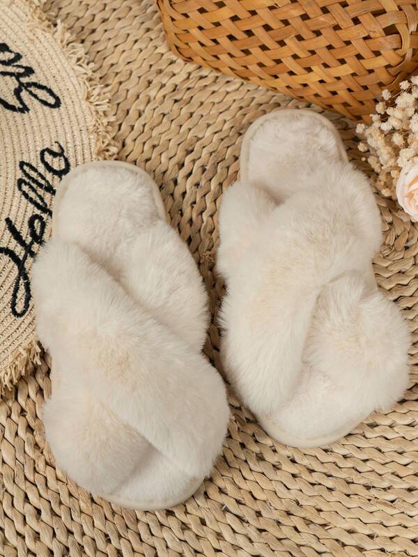 Women's Criss Cross Anti-Slip Warm Fluffy Open Toe Slippers With Low Heel, Comfy House Wear, Fluffy