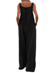Womens Fashion Solid Color Jumpsuit Casual Button Wide Leg Suspender Overalls With Pockets