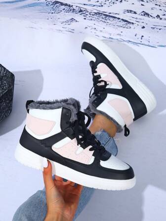 Women High-Top Lace-Up Sneakers, White/Black/Pink Thickened Ankle Boots For City Commuting, Contrast Color Skateboarding Shoes, Outdoor Leisure Shoes, Breathable Comfortable, Christmas Gift