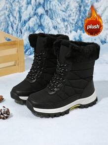 Botas de nieve para mujer de talla grande, con forro de piel, de moda, antideslizantes y resistentes al agua, de caña media - Negro - Ver 5