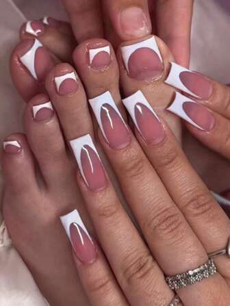 48 件/2 种款式，用中号方形假指甲提升您的风格 - 法式白色边框假指甲和脚趾甲全覆盖假指甲套装 - 2 件指甲锉和 2 个指甲胶贴纸套装指甲，适合女孩、母亲、女士礼物，美白指甲套装带可拆卸假指甲，适合节日、派对、约会和日常佩戴，按压指甲美甲用品