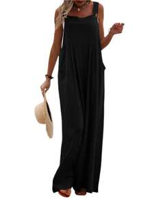 Womens Fashion Solid Color Jumpsuit Casual Button Wide Leg Suspender Overalls With Pockets