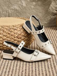 2025 Autumn Women's Flat Slip-On Shoes, Studded Pointed Toe Chunky Heel Mules, College Style Valentines - Beige - View 4