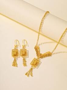 女士项链吊坠耳环首饰套装，铜镀 22K 香槟金色 - 香檳色 - 查看 3