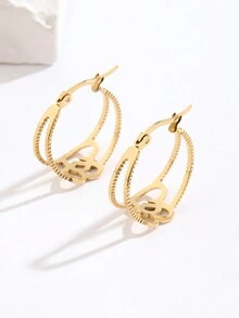 1 对奢华优雅“两心相印”系列不锈钢雕花镂空耳环，情侣约会/生日礼物 - 兩愛相連 - 查看 2