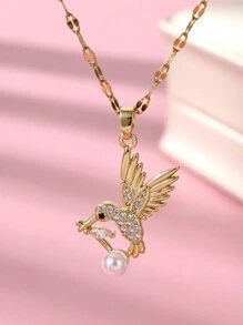1 Cute And Delicate Bird Pendant Necklace, 18k Gold-Plated Hummingbird Faux Pearl Necklace With Rhinestones, Stainless Steel Chain, Daily Versatility, Date Gifts, Gifts, Etc