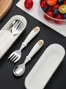 Bộ 3 dụng cụ ăn uống bằng thép không gỉ cho trẻ em, Bộ thìa và nĩa tập ăn cho bé có hộp đựng di động - Nhiều màu - Xem 3