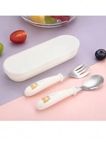 Bộ 3 dụng cụ ăn uống bằng thép không gỉ cho trẻ em, Bộ thìa và nĩa tập ăn cho bé có hộp đựng di động - Nhiều màu - Xem 4