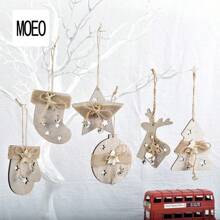 1pc Wooden Christmas Tree Ornament With Five-Pointed Star, Reindeer, Mitten And Sock Decorations, Christmas Decor