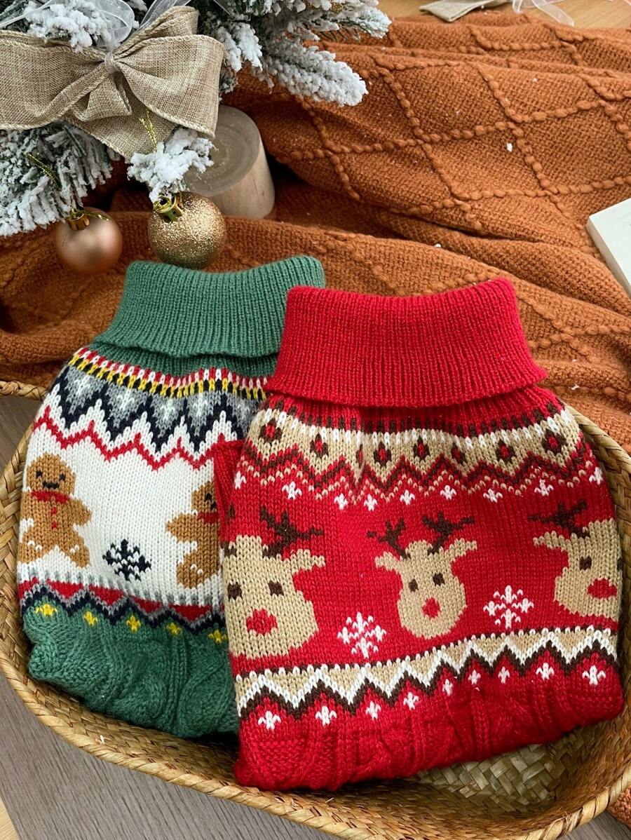 Jersey navideño de colores duales con diseño de reno de pan de jengibre para mascotas, ropa de punto cálida para perros pequeños y gatos, otoño/invierno
