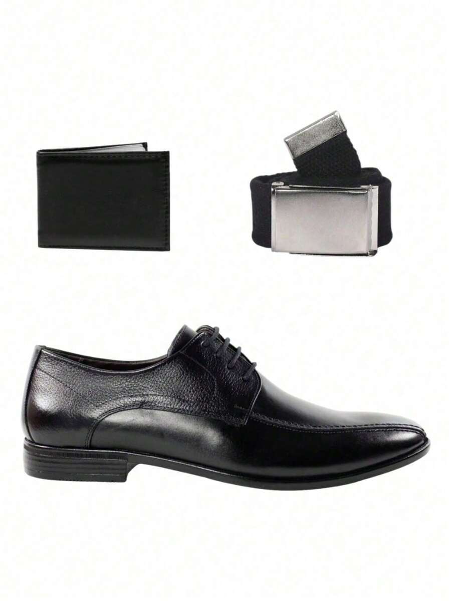 Men's Leather Dress Shoes Classic Comfortable Men's Sneakers Belt And Wallet Gift - màu đen - Xem 1
