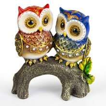 Decorative Owl Couple Statue Trunk Ornament Shelf Living Room - 紅色和藍色 - 查看 1