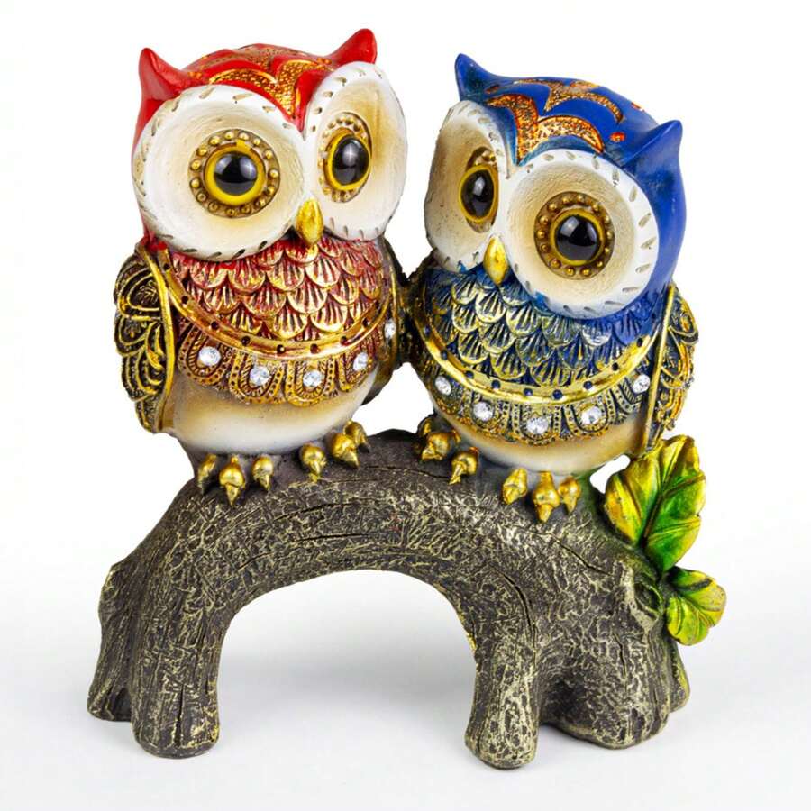 Decorative Owl Couple Statue Trunk Ornament Shelf Living Room - 紅色和藍色 - 查看 1