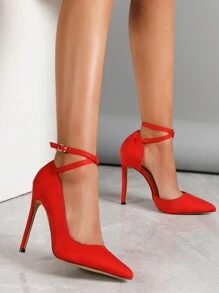 Women Suede Deer Skin Ribbon & Button Decor Stiletto High Heel Pumps, New Style For 2024, Red Color