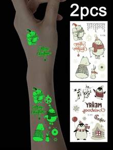 夜光临时纹身套装 - 卡通雪人、企鹅、兔子、圣诞袜图案 - 防水夜光身体贴纸、圣诞纹身贴纸，适合手指、手腕和锁骨 - 服装派对和节日礼物 - 彩色 - 查看 1