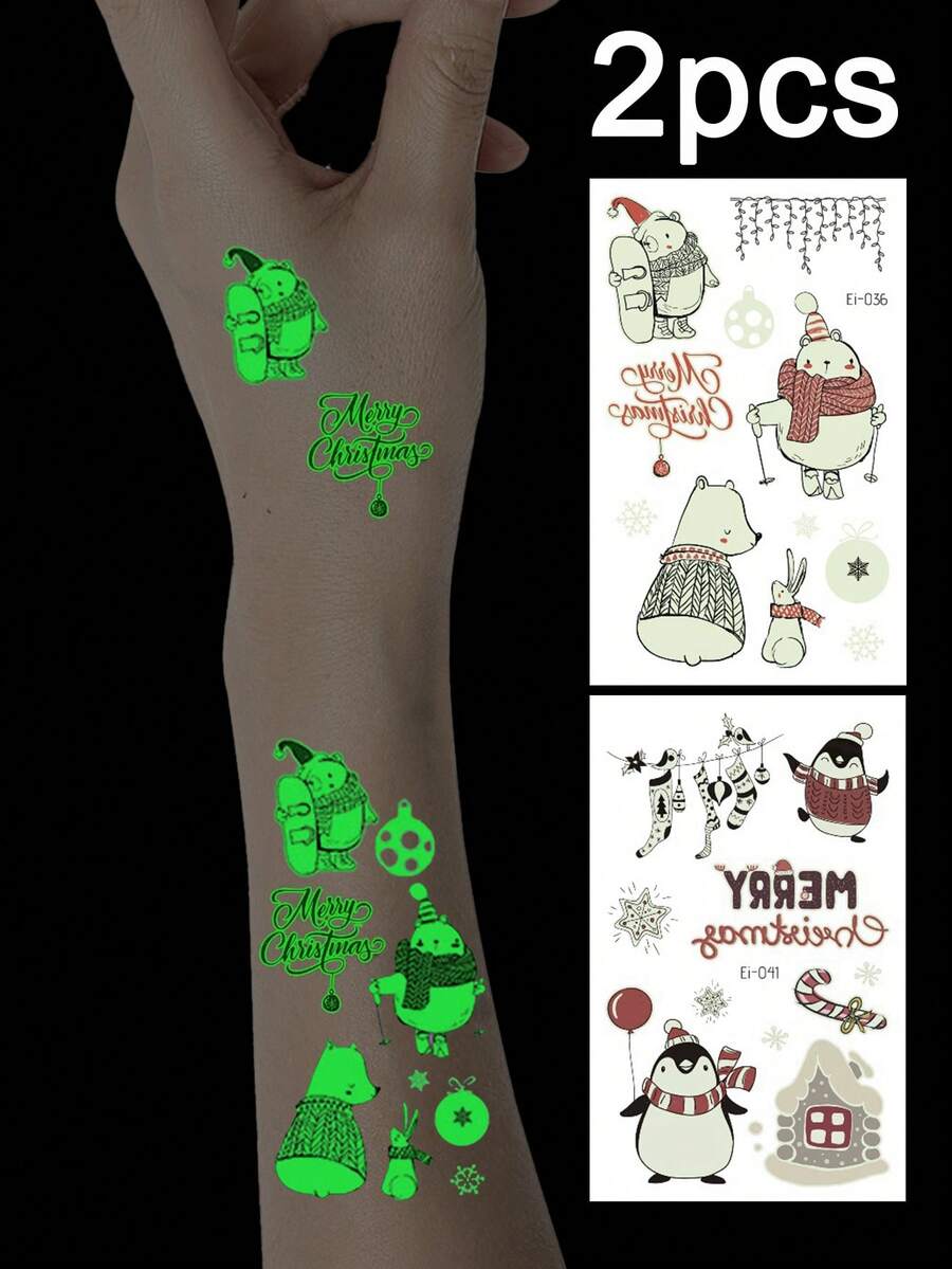 夜光临时纹身套装 - 卡通雪人、企鹅、兔子、圣诞袜图案 - 防水夜光身体贴纸、圣诞纹身贴纸，适合手指、手腕和锁骨 - 服装派对和节日礼物 - 彩色 - 查看 1