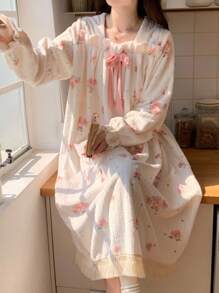 女士法兰绒睡袍宽松保暖中长款秋冬季加厚花朵印花长袖睡眠裙 - 白色 - 查看 2