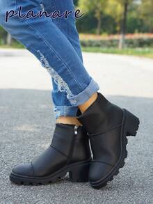 Giày bốt cổ ngắn kiểu phương Tây dành cho nữ, mũi tròn, khóa kéo bên hông, kiểu dáng thời trang, gót dày, màu đen, thích hợp cho mùa thu/đông; Giày bốt cổ ngắn màu trắng, giày cao su dành cho nữ, mùa đông; Giày bốt cổ ngắn thời trang dành cho nữ. - màu đen - Xem 3