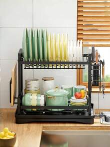 1pc Tối đa hóa không gian bếp: Giá để bát đĩa hai tầng có thớt và dụng cụ lưu trữ - Tổ chức bền và phong cách - màu đen - Xem 7