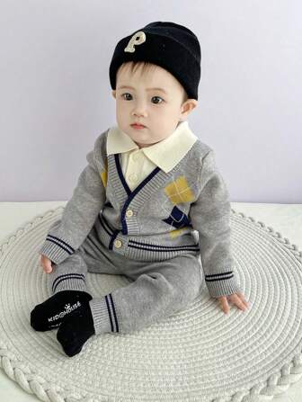 Baby Boy New Autumn And Winter Polo Neck School Uniform Style High-Elastic Core Yarn Comfortable And Warm Sweater Set With Zip-Up