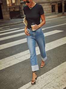 Crop Straight Leg Frayed Hem Jeans For Women