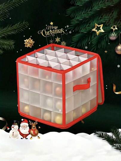 1pc Snowflake Christmas Ornament Storage Box - 64 Compartments, Zippered, Bauble Organizer With Handles, Vinyl Plastic Container For Christmas Organization And Storage(Zipper Color Random)