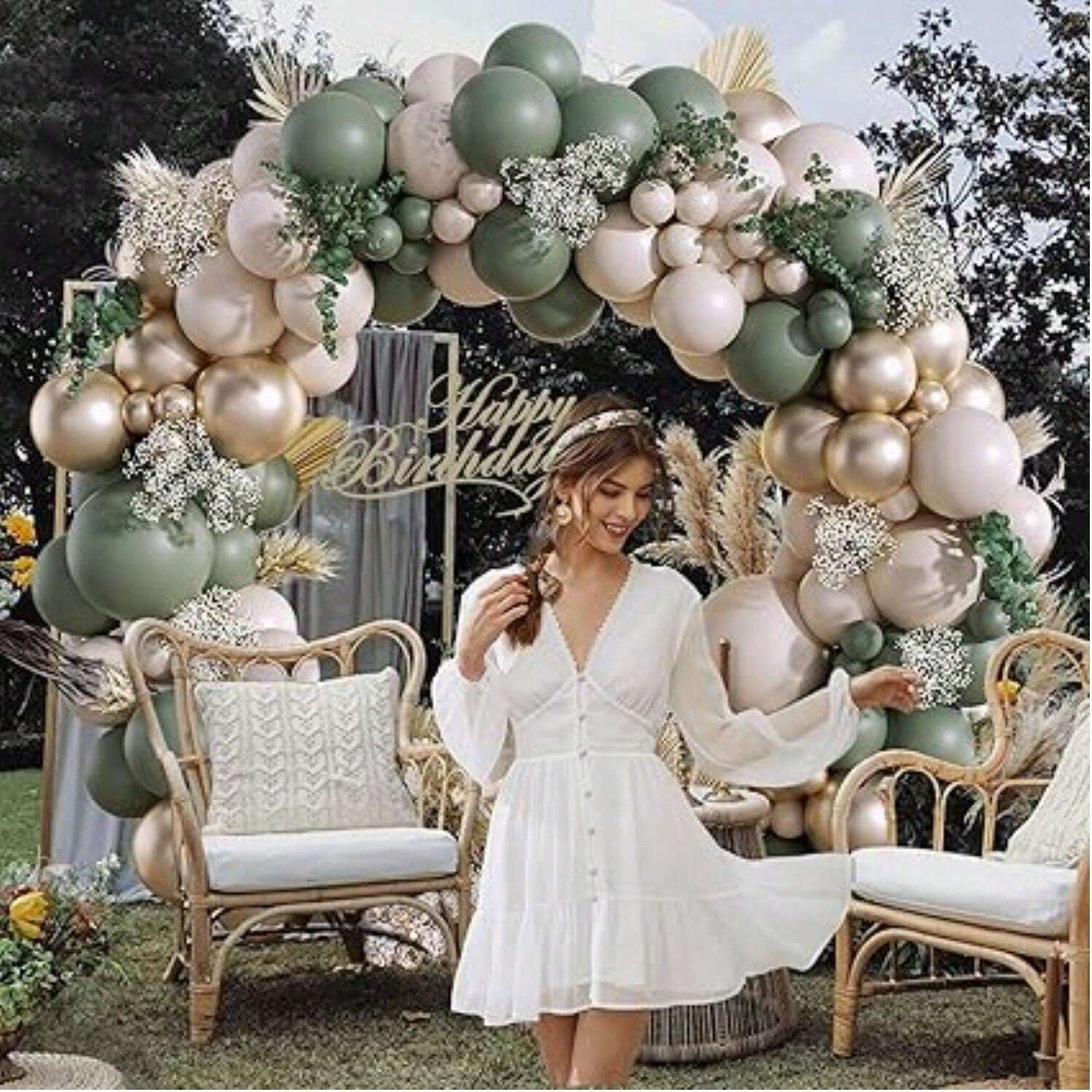129Pcs Sage Green Gold Balloon Garland Arch Kit, With Sage Green Sand