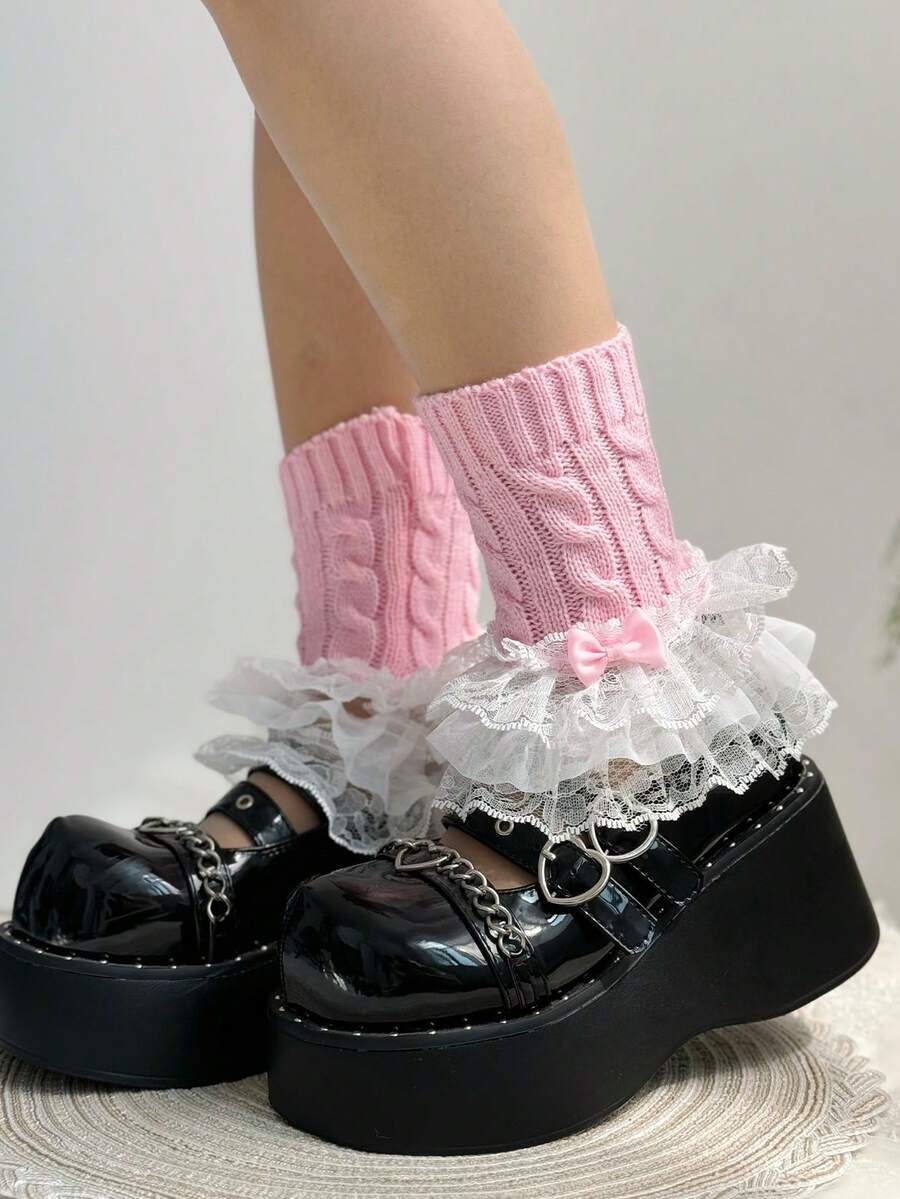 1 双女士秋冬保暖腿套，带粗针织、花卉蕾丝和蝴蝶结细节 - 粉色 - 查看 1