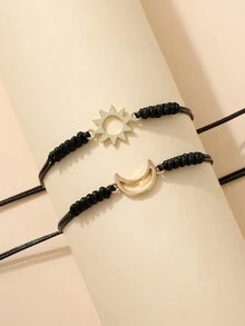 2 件简约复古太阳和月亮金属编织手链，男女通用情侣首饰 - 日月 - 查看 3
