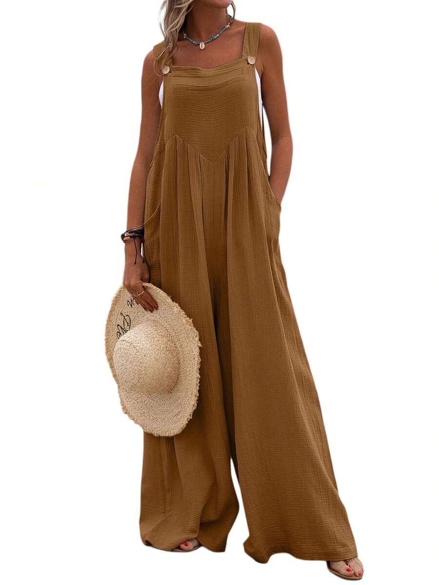 Womens Summer Solid Bib Pants Overalls Loose Baggy Wide Leg Long Pants Beach Jumpsuits Rompers For Women With Pockets - Brown - View 1