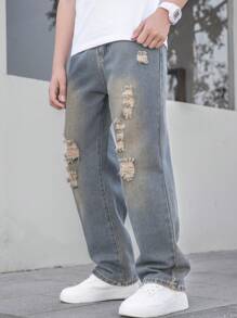 青少年男孩复古街头风格破洞直筒宽松高腰休闲牛仔裤 适合儿童和青少年