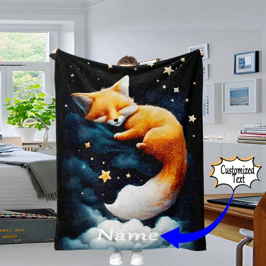 Personalized Customized Text Fox Design Flannel Blanket - Four Seasons Thick Knitted Travel Blanket - Lightweight, Personalized, Suitable For Sofa, Bedroom, Outdoor Use - Machine Washable