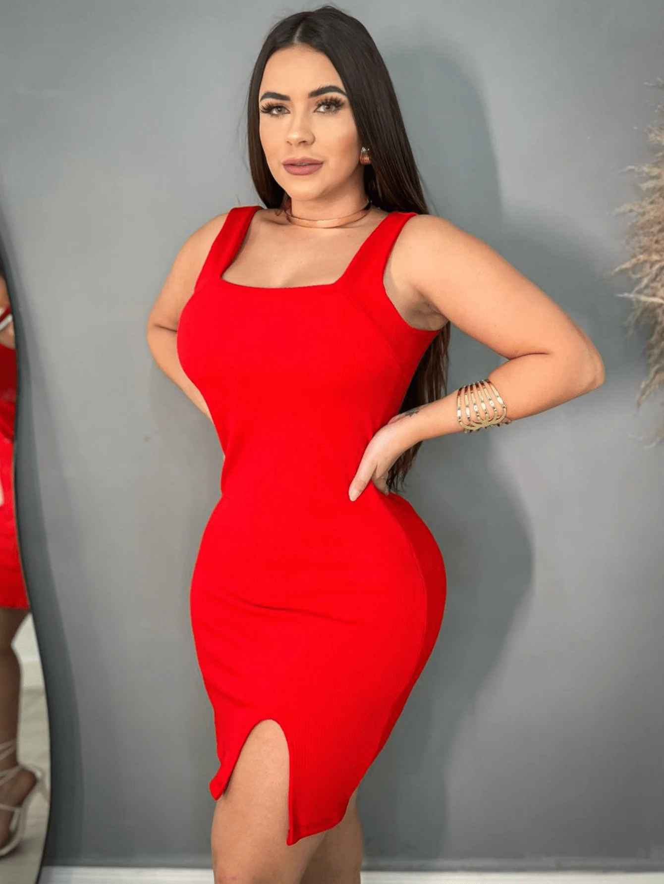 Women's Short Dress Tank Top Square Neck - Red - View 1