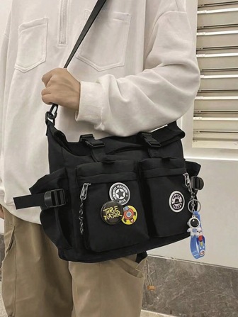 Ladies' New Casual Solid Color Canvas Bag, Cartoon Badge Decorative Pattern Planet Pendant Shoulder Bag Messenger Bag, Multi-Pocket Solid Color Nylon Waterproof Fabric Square Bag, Campus Style Suitable For The Start Of The School Season, Suitable For Travel And Sports, And Shopping