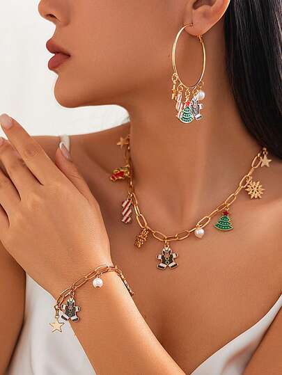 1 set de collar con colgante de campana de árbol de Navidad, collar con cadena metálica ligera para la clavícula para mujer durante las fiestas