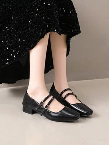 时尚性感潮流百搭舒适漂亮低价防滑高跟鞋，户外乡村度假厚底粗跟方头女鞋，银色高跟鞋 - 黑色 - 查看 7